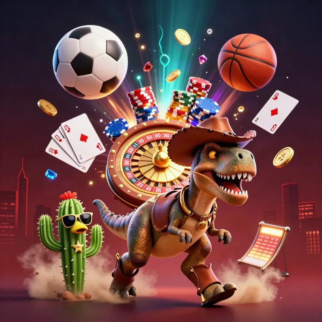 Dinosauro cowboy, cactus e roadrunner tra monete, roulette e luci neon notturne.