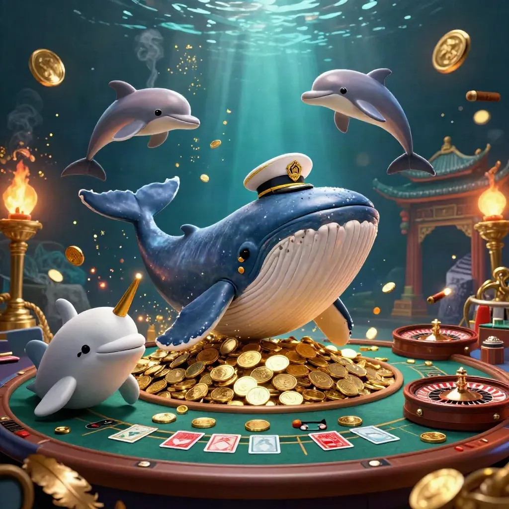 Balena, narvalo e delfini in un casinò sottomarino dorato con tavolo live e luci teatrali.