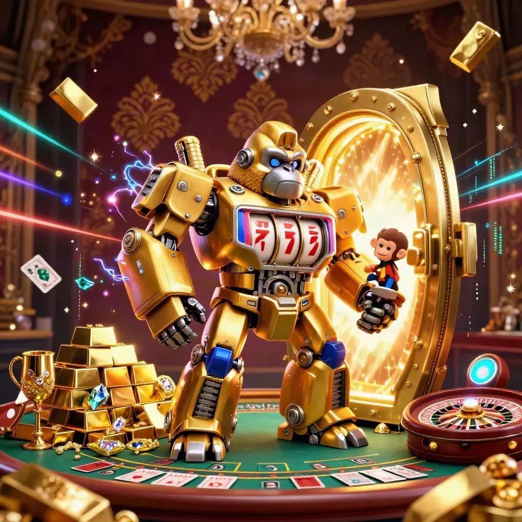 Gorilla meccanico d’oro, monete, tesoro, tavolo live e luci da casinò di lusso.