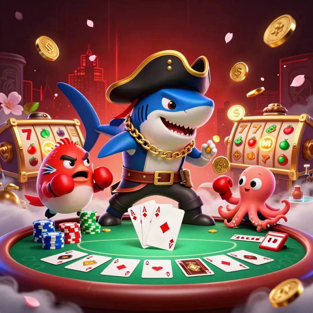 Pirata squalo, pesce palla e polpo tra fiches, carte e luci dorate in stile casino.