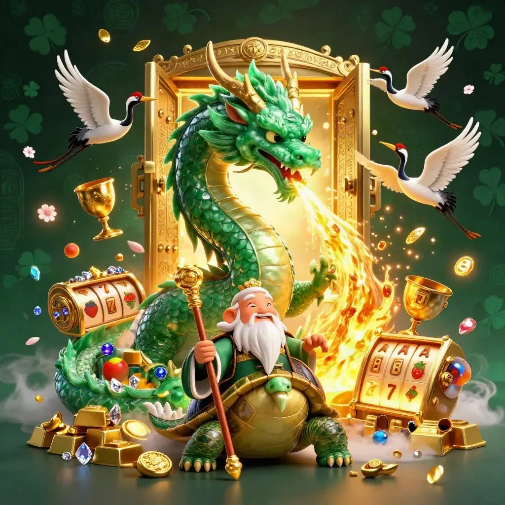 Drago smeraldo, tartaruga saggia e gru tra tesori dorati e magia verde.