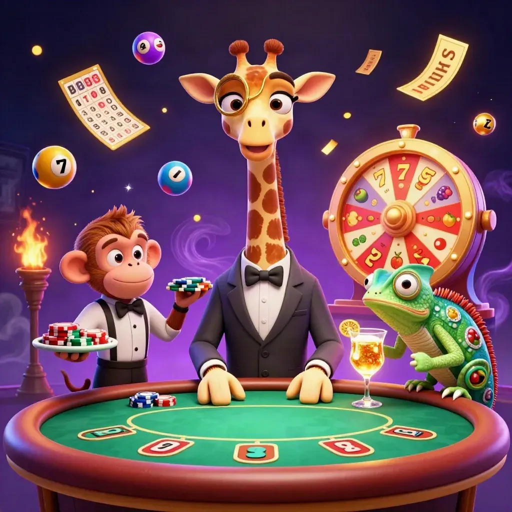 Giraffa VIP, scimmia e camaleonte tra fiches, ruota premi, biglietti e luci neon verdi.