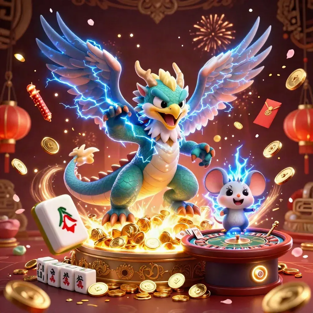 Drago tuono, falco e topo tra carte, monete e fuochi d’artificio in un lusso notturno.