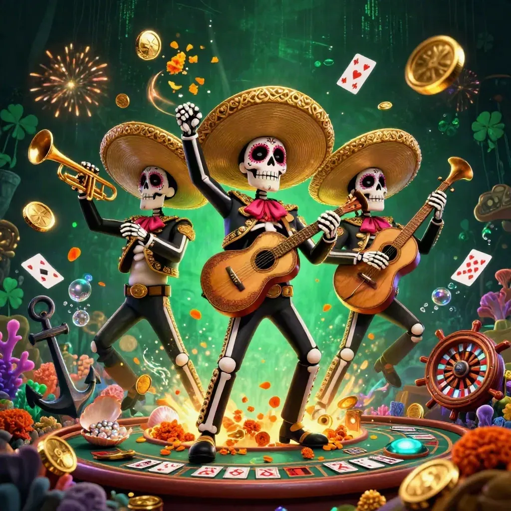 Trio di scheletri mariachi tra monete d’oro, carte e luci verdi in un tesoro sottomarino.