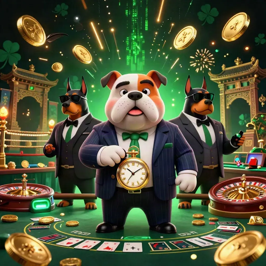 Bulldog boss con due doberman tra monete, roulette e bagliori verdi e oro.