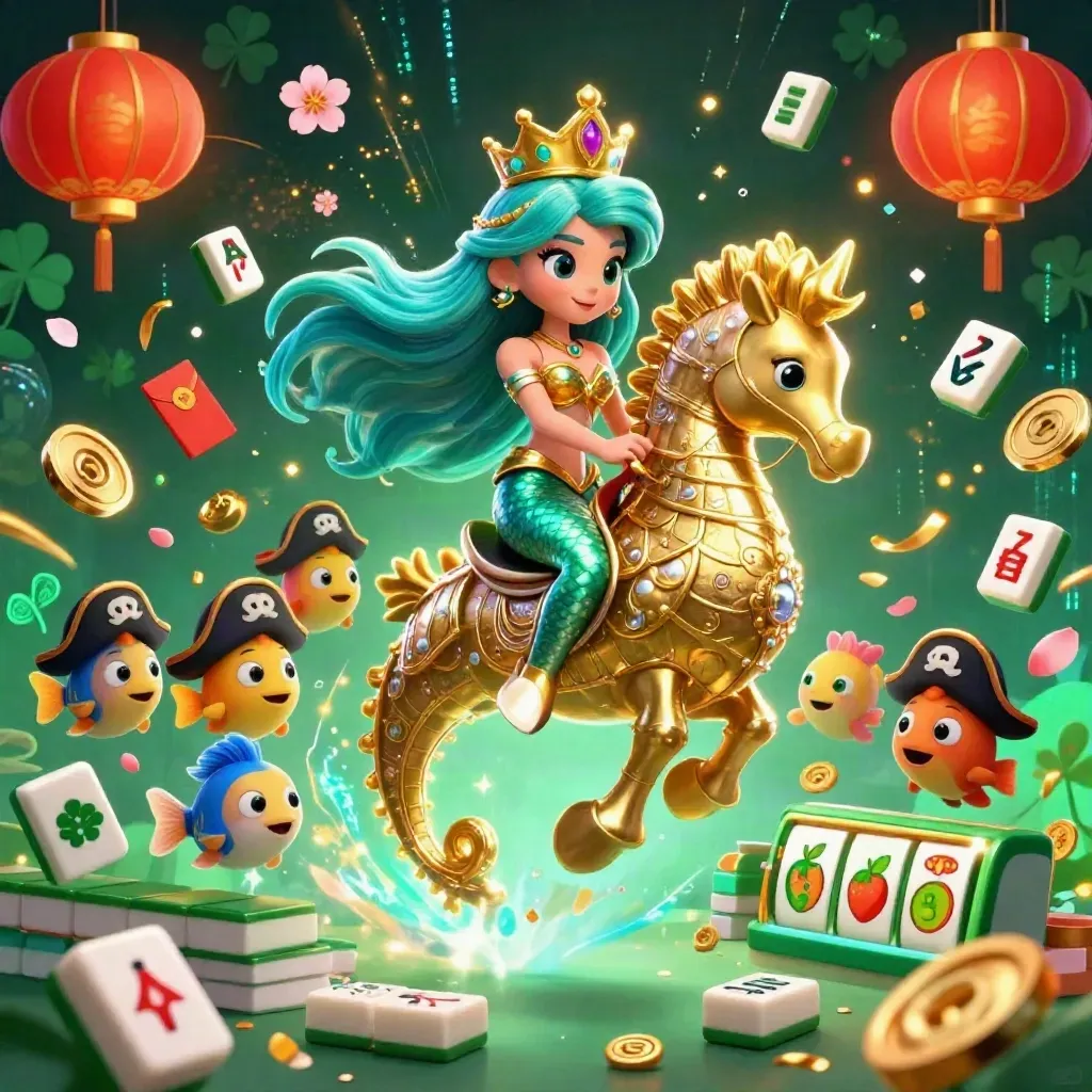 Sirena su cavalluccio marino dorato, pesci pirata e simboli da casinò in verde e oro.