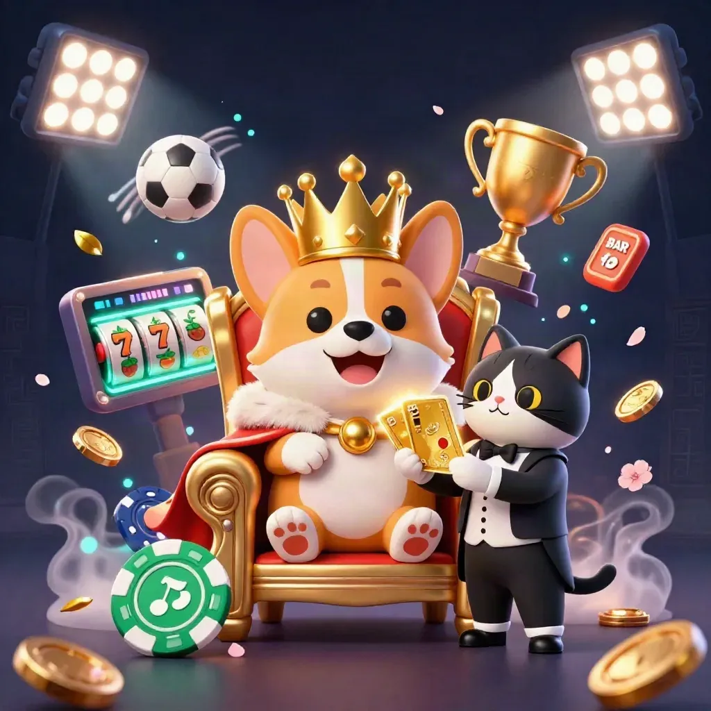 Corgi reale e gatto maggiordomo tra gettoni, trofei e luci da casinò.